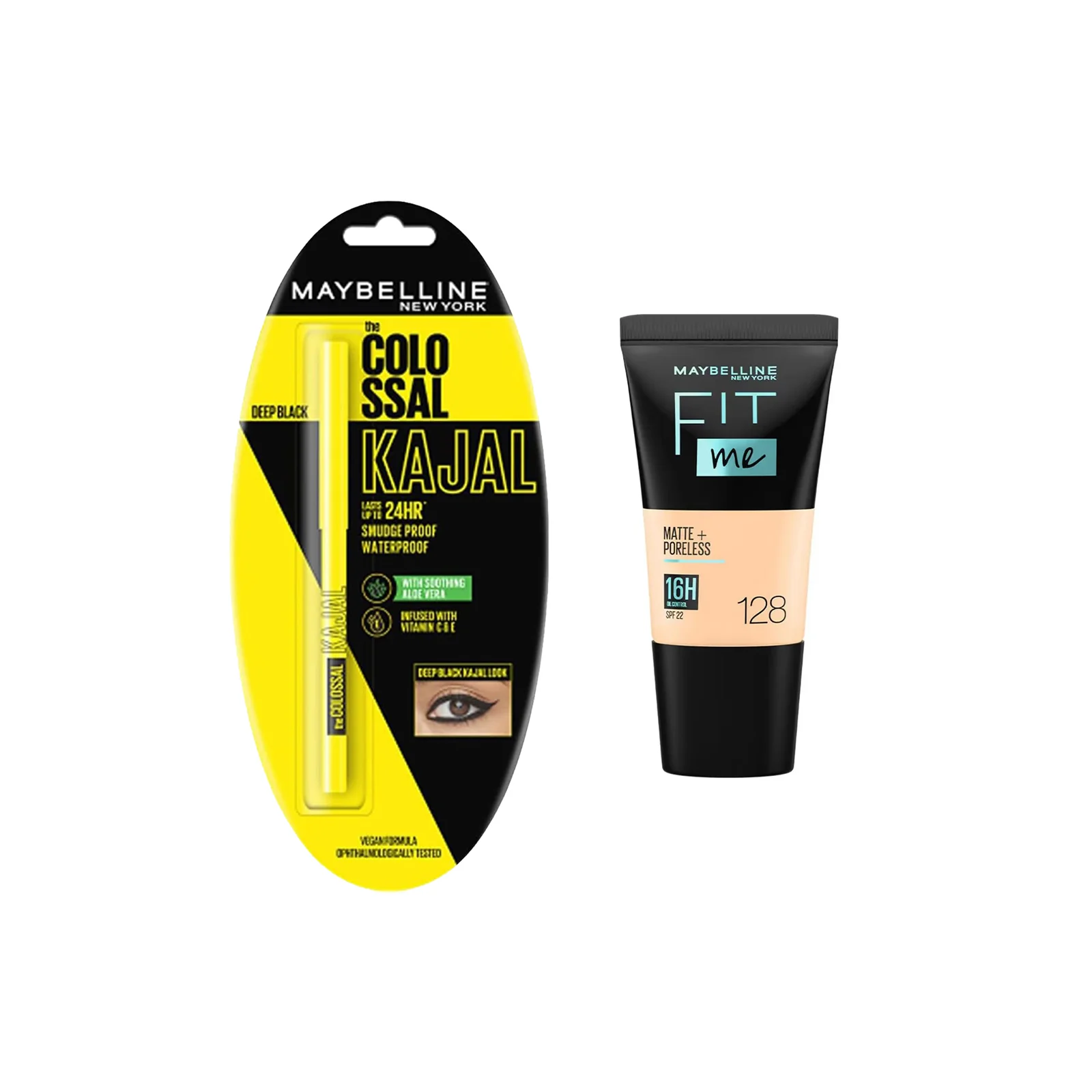 Maybelline Fit Me Foundation SPF 22 Shade 128 30ml + Colossal Kajal Combo | 16Hr Oil Control, Matte Finish & 24Hr Smudge-Proof Kajal