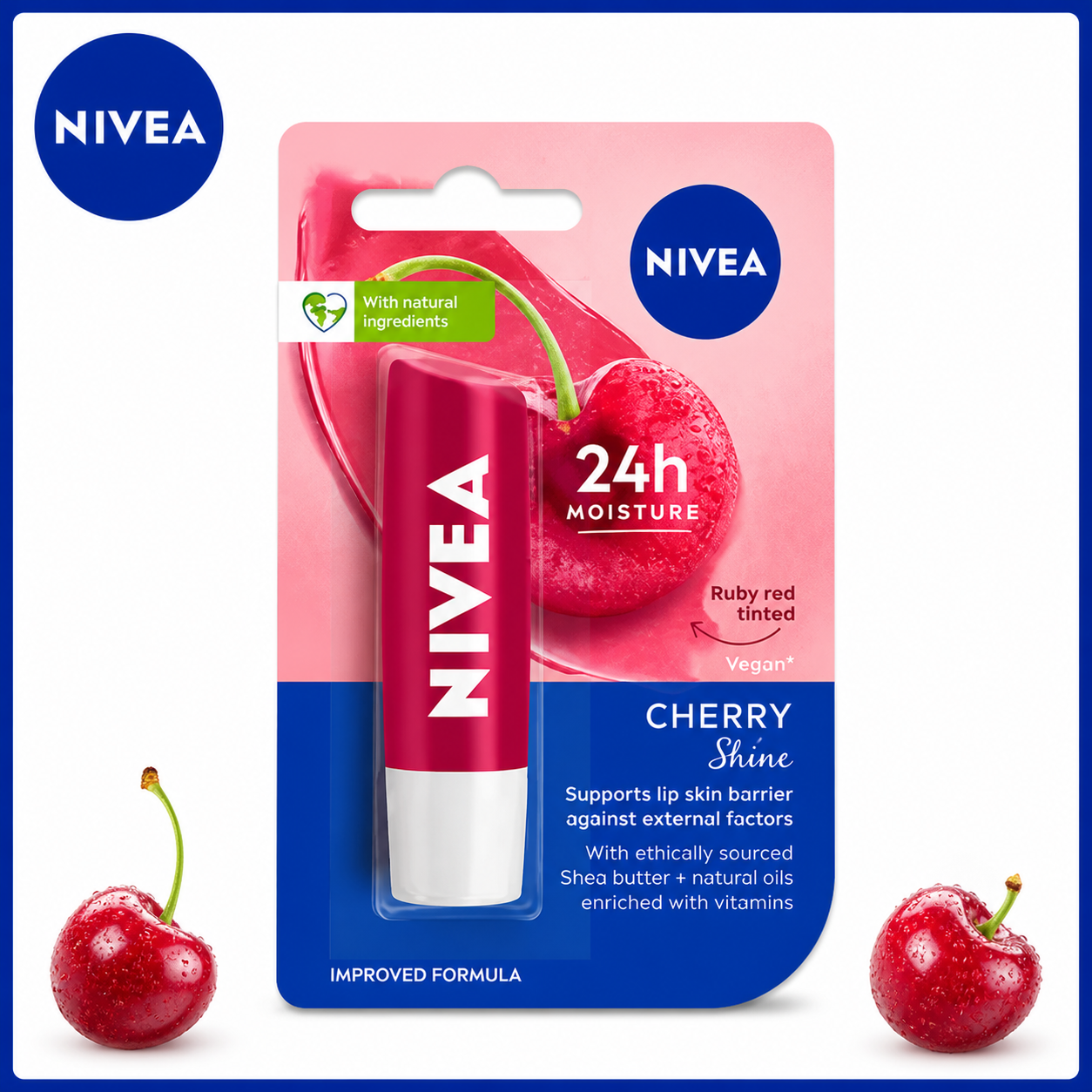 Nivea Cherry Shine Lip Balm 4.8G | 24H Moisturizing Lip Care with Natural Oils & Red Tint | Soft, Glossy & Hydrated Lips