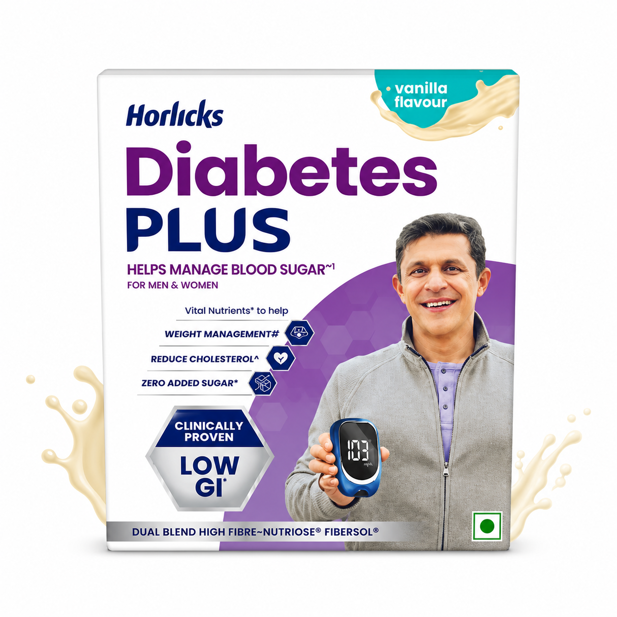 Horlicks Diabetes Plus Vanilla 200g | Low GI Nutritional Drink for Blood Sugar Management – High Fibre, Zero Added Sugar Health Drink for Men & Women