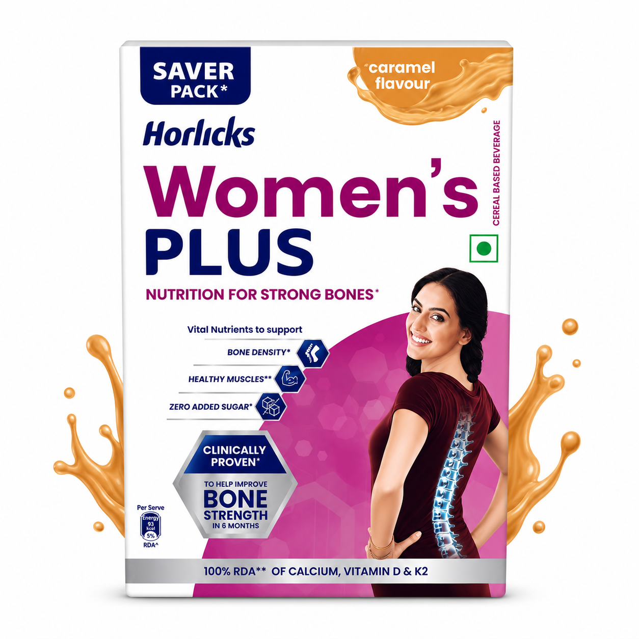 Horlicks Women’s Plus Caramel 400g | Bone Strength & Muscle Health Drink – Zero Added Sugar, Calcium, Vitamin D & K2 Nutrition for Women
