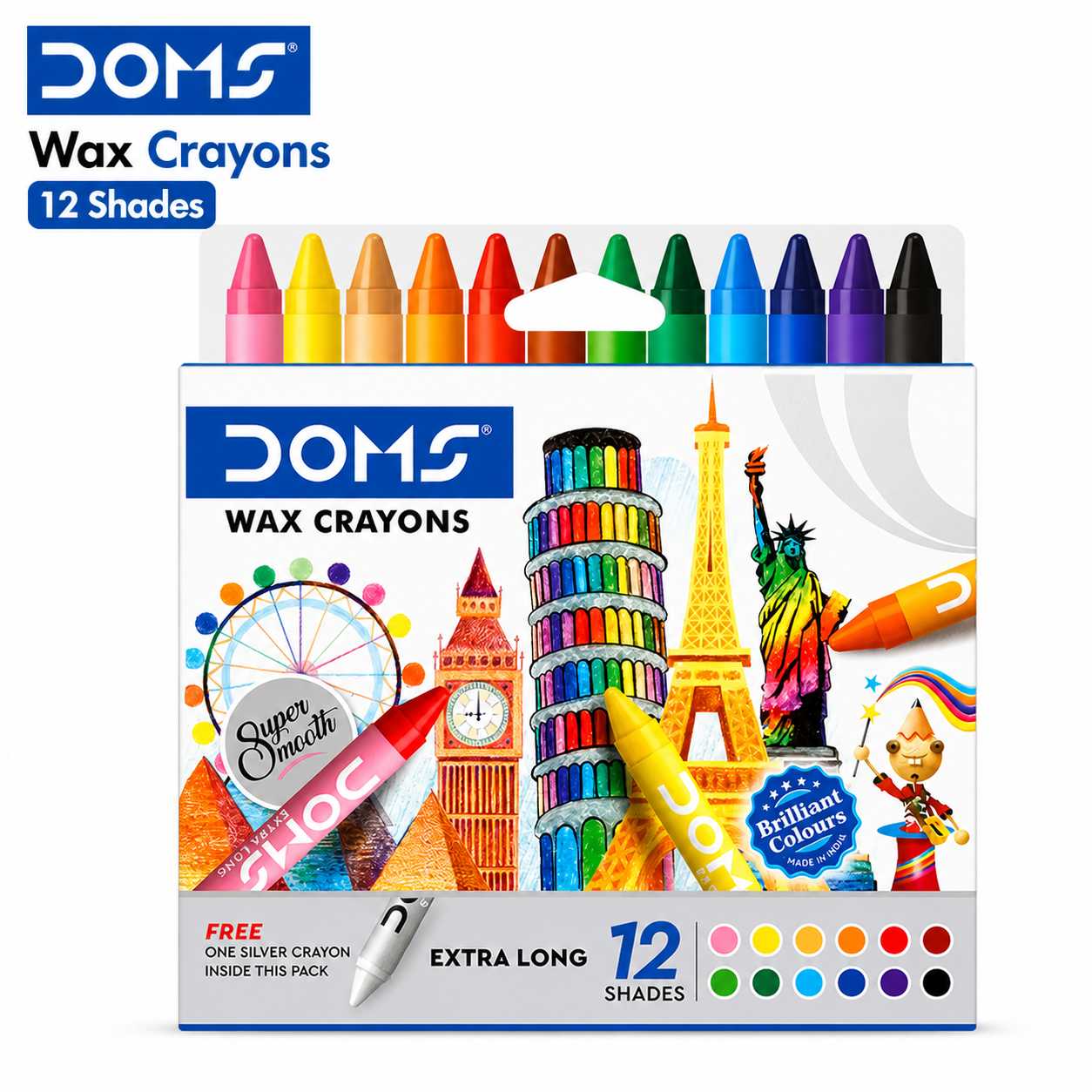 DOMS Wax Crayons 12 Shades | Bright & Smooth Colouring Crayons for Kids – Non-Toxic, Easy Grip, Ideal for Art & School Projects