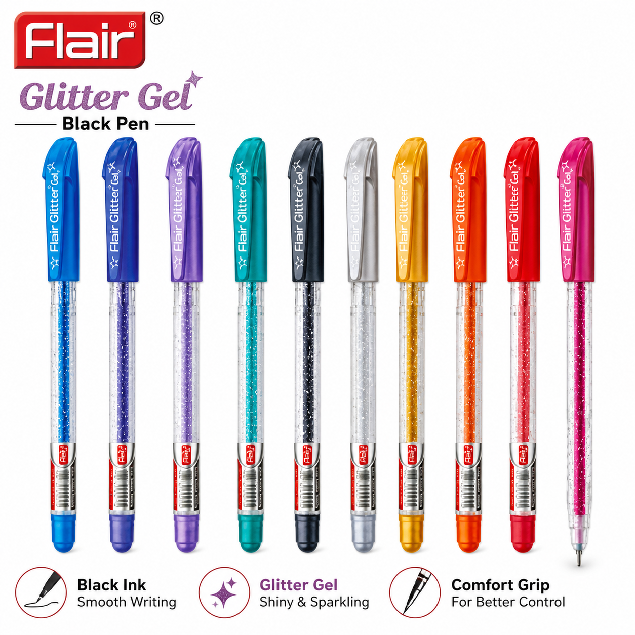 Flair Glitter Gel Black Pen | Sparkling Smooth Writing 0.7mm Fine Tip – Quick Dry Ink for Students, Journaling, Crafts & Creative Use