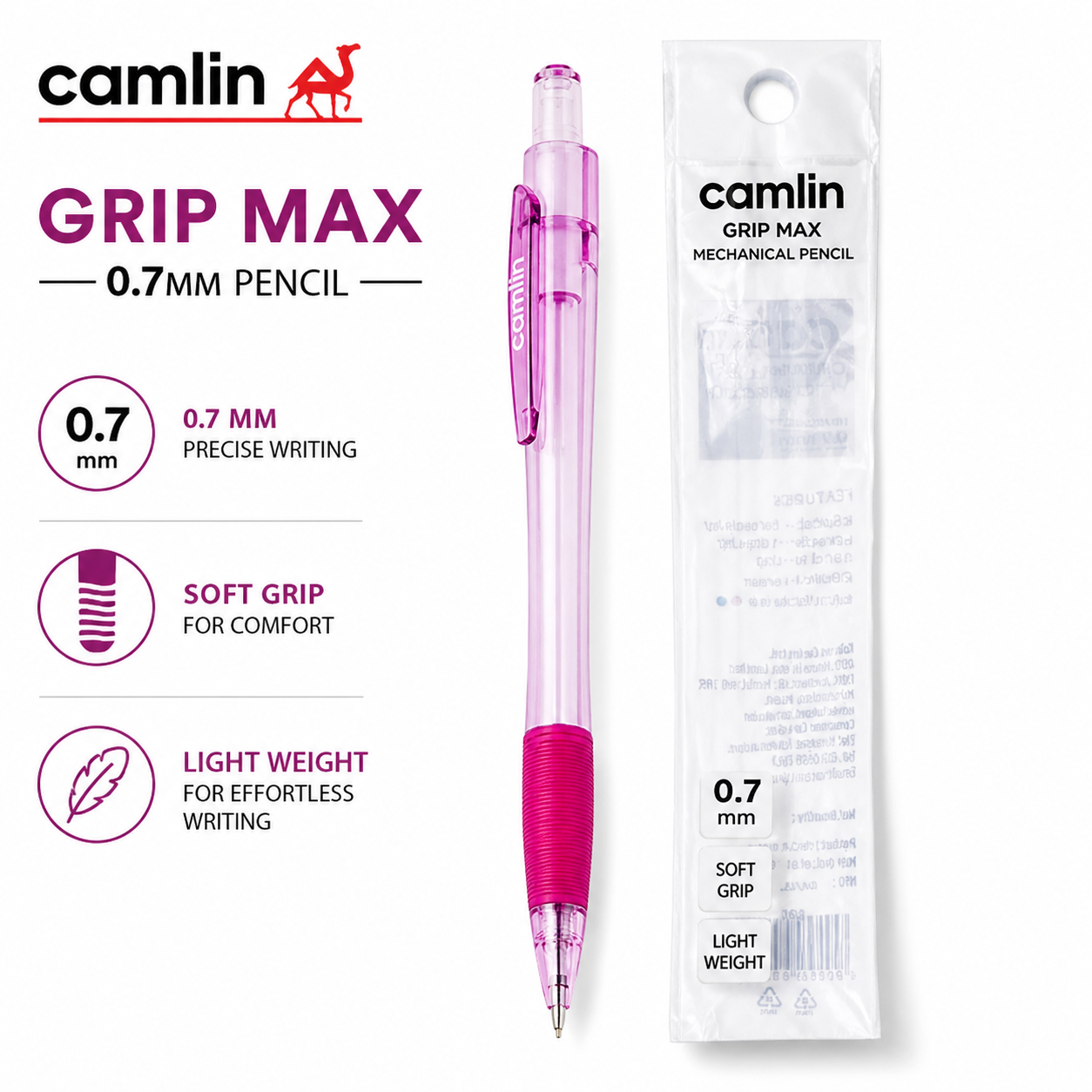 Camlin Grip Max 0.7mm Mechanical Pencil | Smooth Precision Writing with Soft Grip – Ideal for Students, Exams, Drawing & Office Use
