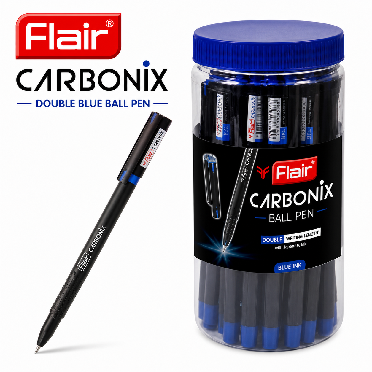 Flair Carbonix Double Blue Ball Pen | Smooth Low-Viscosity Ink & Long-Lasting Jumbo Refill – Precision Writing Pen Jar Pack for Students, Exams & Office Use
