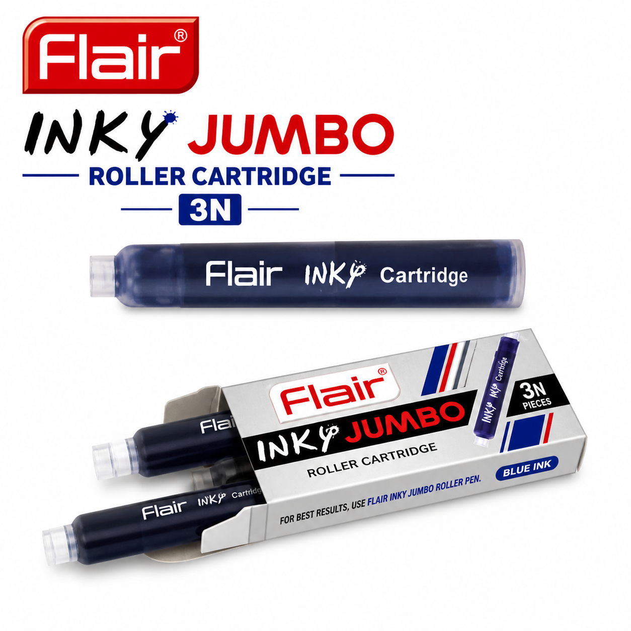 Flair Inky Jumbo Roller Cartridge 3N | Smooth Flow Blue Ink Refills – Leak-Proof, Long-Lasting Roller Pen Cartridges for Students, Exams & Office Use