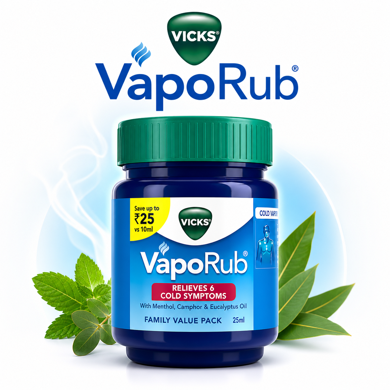 Vicks VapoRub 25ml | Fast Relief from Cold, Cough & Nasal Congestion | Soothing Vapor Rub for Easy Breathing & Family Care