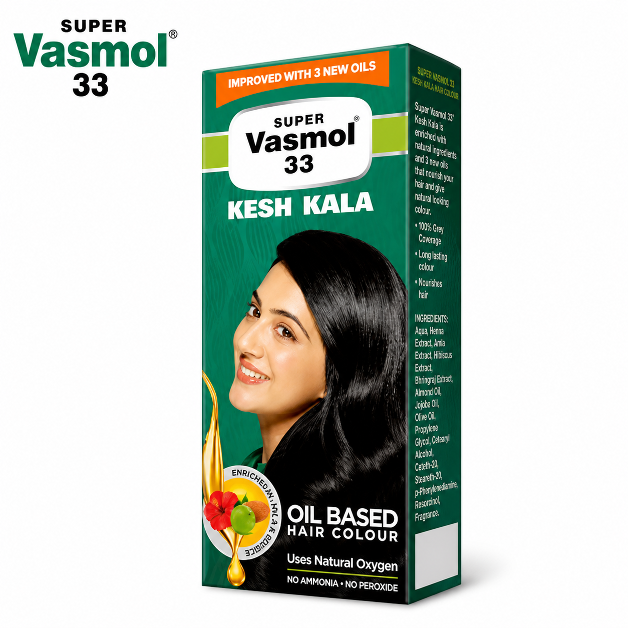 Super Vasmol 33 Kesh Kala Hair Colour 50ml | Natural Black Oil-Based Hair Dye, 100% Grey Coverage, Ammonia-Free Long Lasting Colour for Men & Women