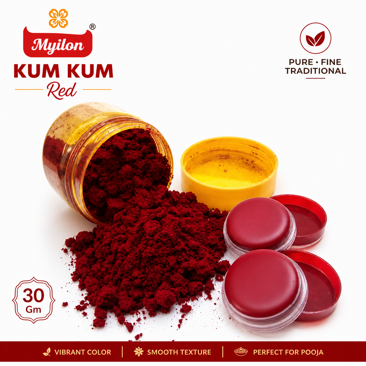 Myilon Kum Kum Red 30Gm | Traditional Pure Kumkum for Tilak, Pooja & Festivals | Bright Long-Lasting Color & Skin-Friendly
