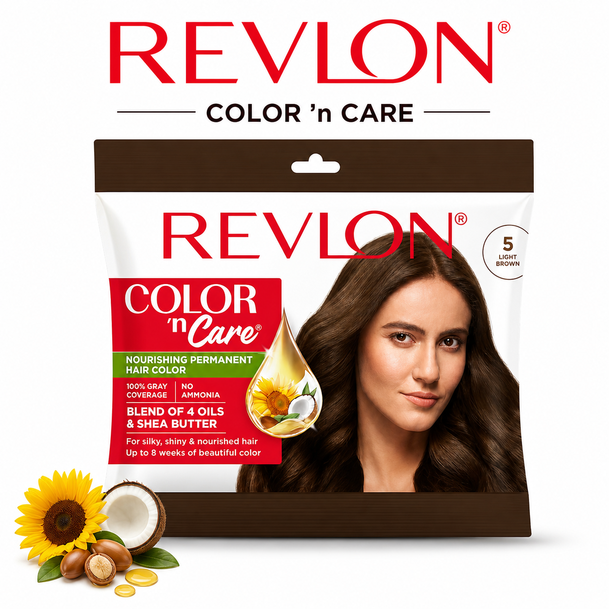 Revlon Color Care Hair Color 5 Light Brown | No Ammonia Nourishing Hair Dye | 100% Gray Coverage Buy 1 Get 1 Free