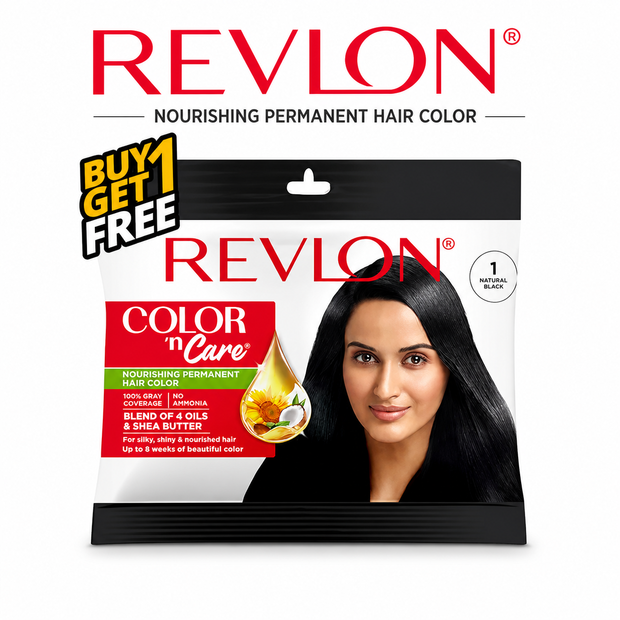 Revlon Color Care Natural Black Hair Color | 100% Gray Coverage, Ammonia-Free Nourishing Formula | Long-Lasting Salon Finish at Home | Buy 1 Get 1 Free