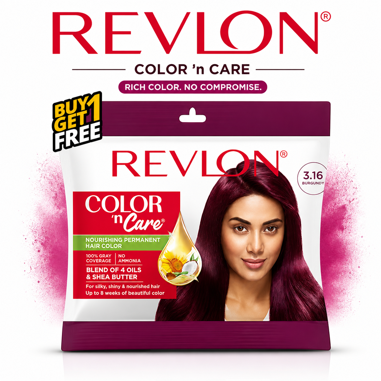 Revlon Color Care Burgundy Hair Color 3.16 | 100% Gray Coverage, Ammonia-Free Nourishing Formula | Long-Lasting Vibrant Shine | Salon Finish at Home | Buy 1 Get 1 Free