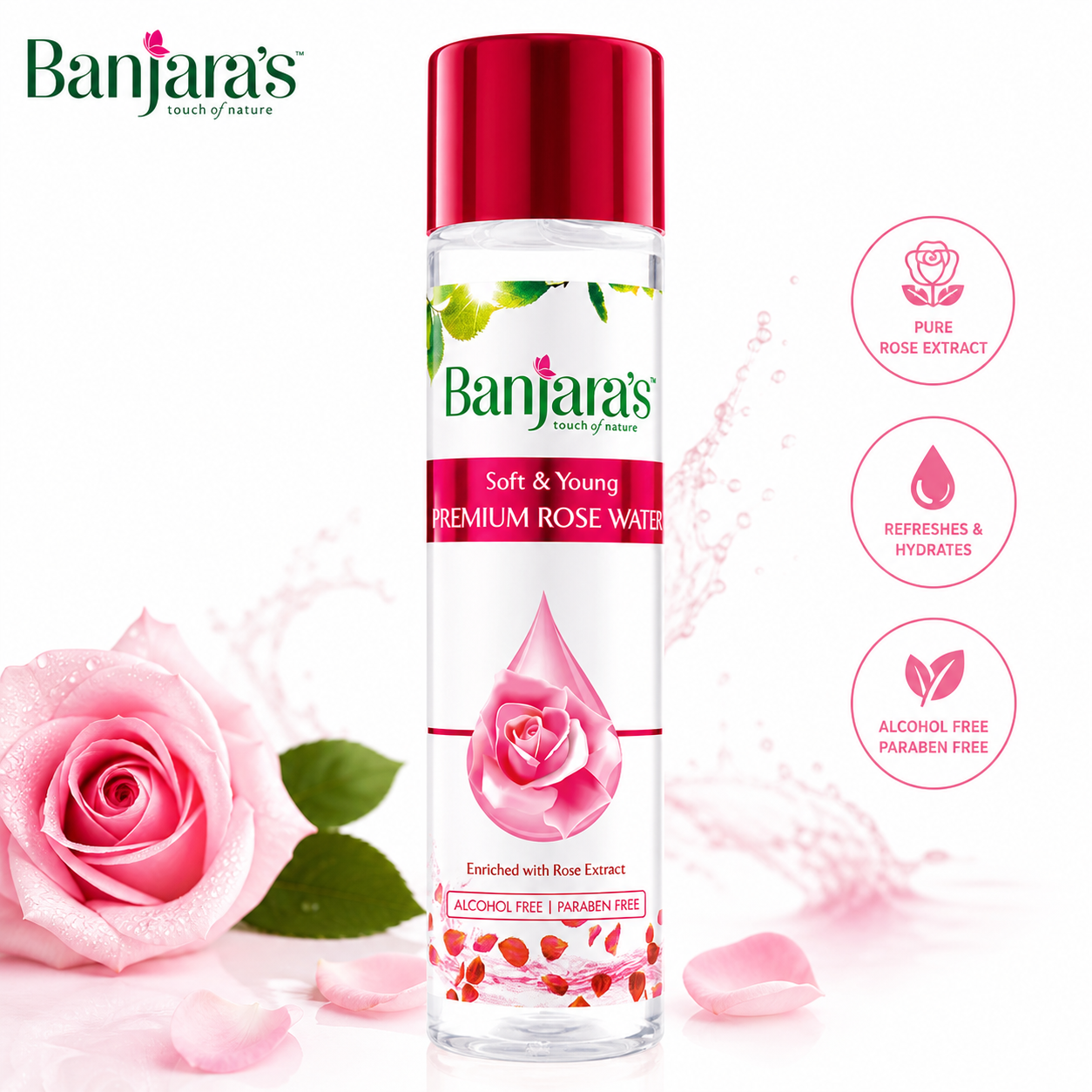 Banjara’s Premium Rose Water 120ml | Natural Face Toner & Hydrating Mist | Refreshing, Soothing Glow for All Skin Types