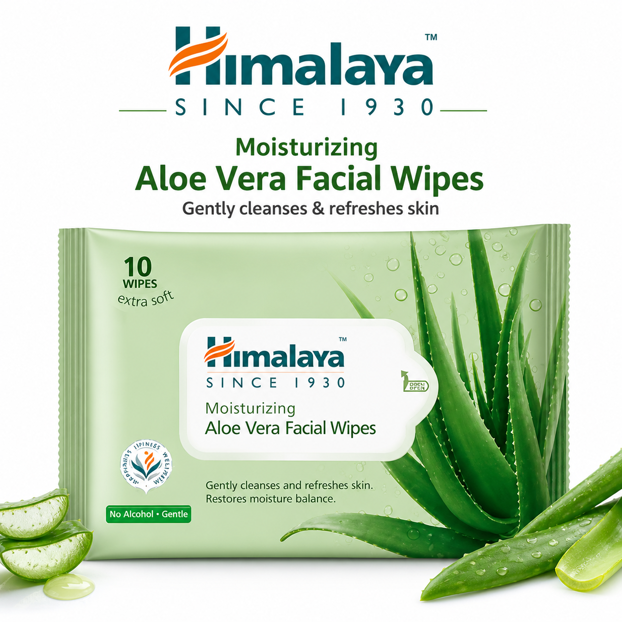 Himalaya Aloe Vera Facial Wipes 10N | Moisturizing & Gentle Cleansing Wipes | Removes Makeup, Dirt & Oil | Alcohol-Free Daily Skincare for All Skin Types