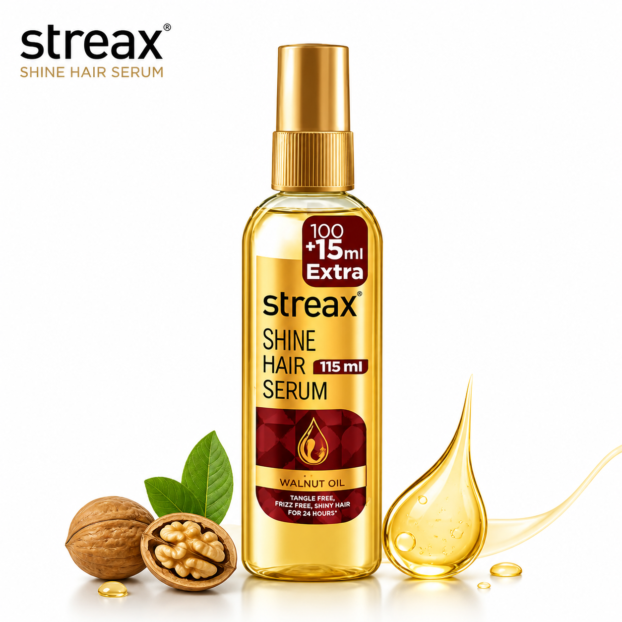 Streax Shine Hair Serum 25ml | Walnut Oil Enriched Frizz Control Serum | Instant Shine, Smooth & Tangle-Free Hair for All Hair Types