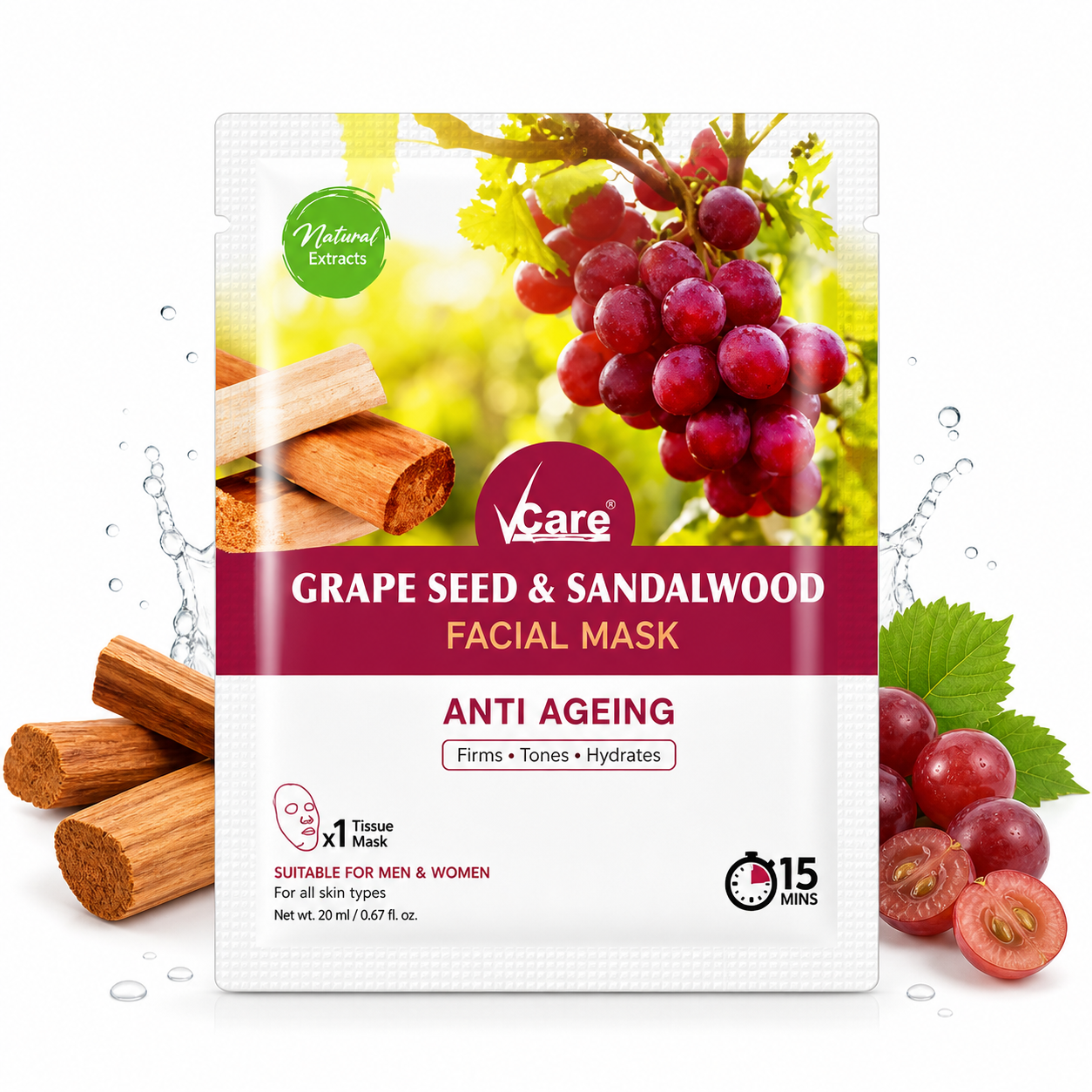 Vcare Grape Seed & Sandalwood Facial Mask 30ml | Anti-Ageing Face Pack for Glowing Skin | Hydrating, Firming & Radiance Boost for All Skin Types