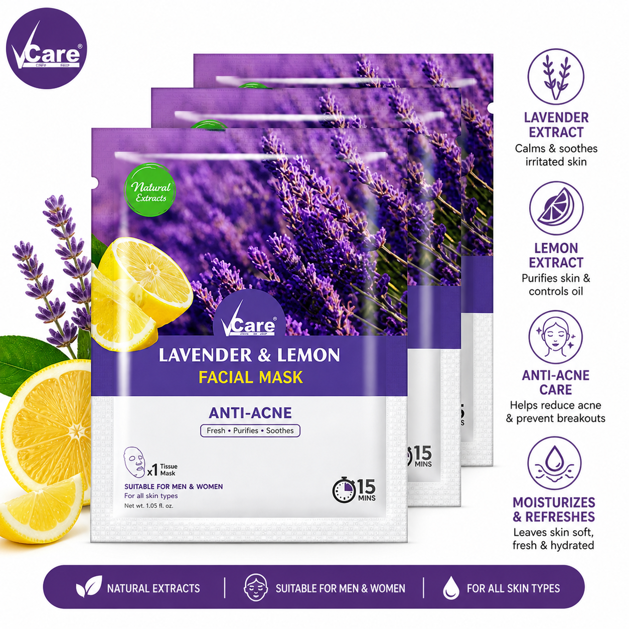 Vcare Lavender & Lemon Facial Mask 30ml | Anti-Acne Face Pack for Clear Glowing Skin | Deep Cleansing, Soothing & Hydrating Skincare