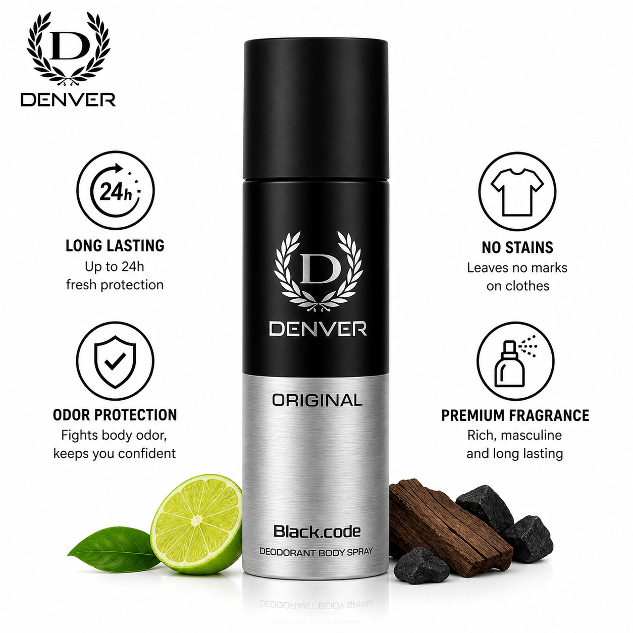 Denver Original Black Code Deodorant Body Spray 50ml | 24H Long Lasting Freshness | Premium Masculine Fragrance & Odor Protection for Men