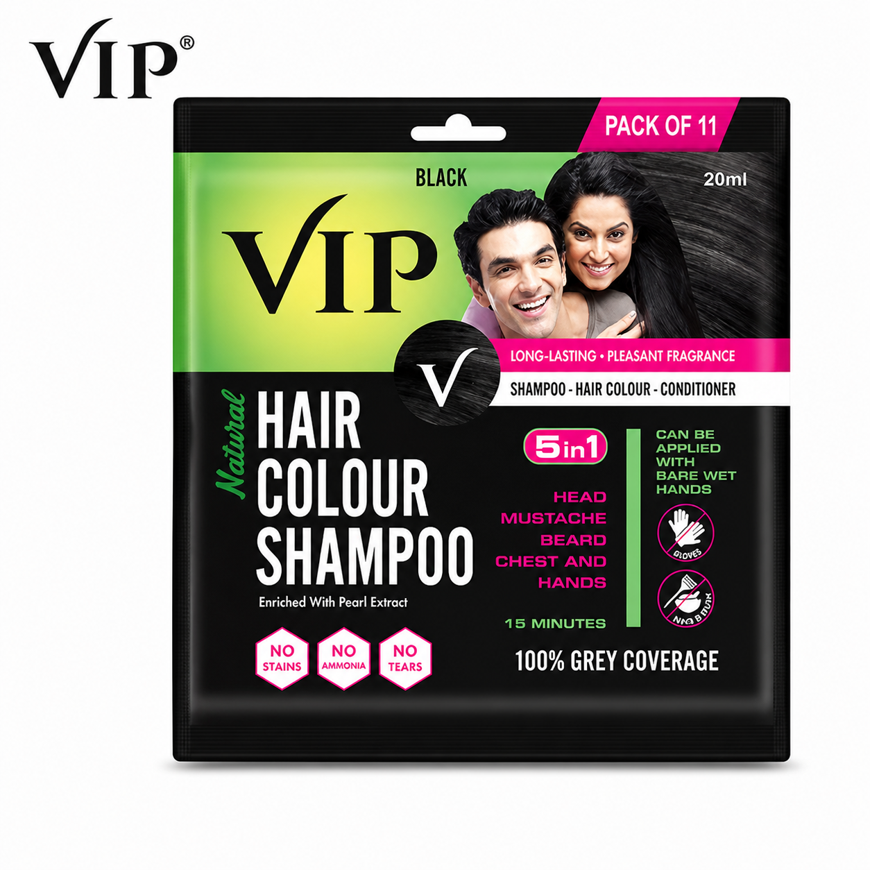 VIP Hair Colour Shampoo Black 20Ml | 100% Grey Coverage & Quick 15 Min Action | No Ammonia Hair Dye Shampoo for Men & Women