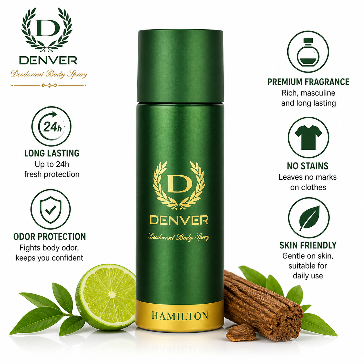 Denver Hamilton Deodorant Body Spray 50ml | 24H Long Lasting Freshness & Odor Protection | Premium Masculine Fragrance for Daily Wear