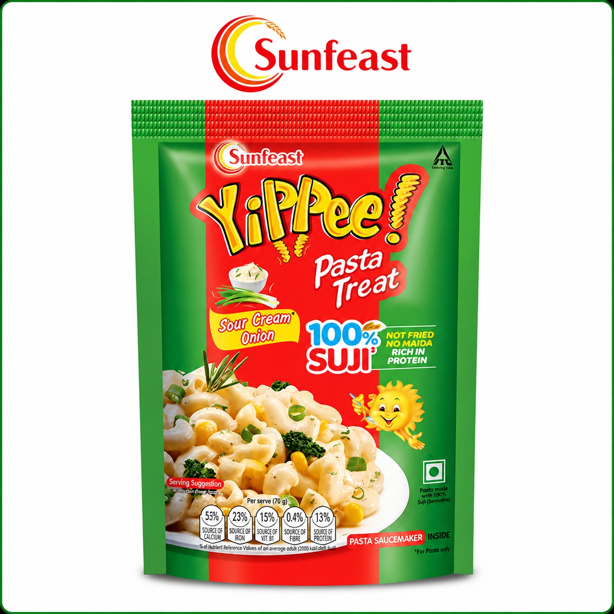 Sunfeast YiPPee Sour Cream Onion Pasta 70g | Instant Suji Pasta Snack | No Maida, Not Fried & Protein Rich | Creamy Tangy Flavor for Kids & Quick Meals