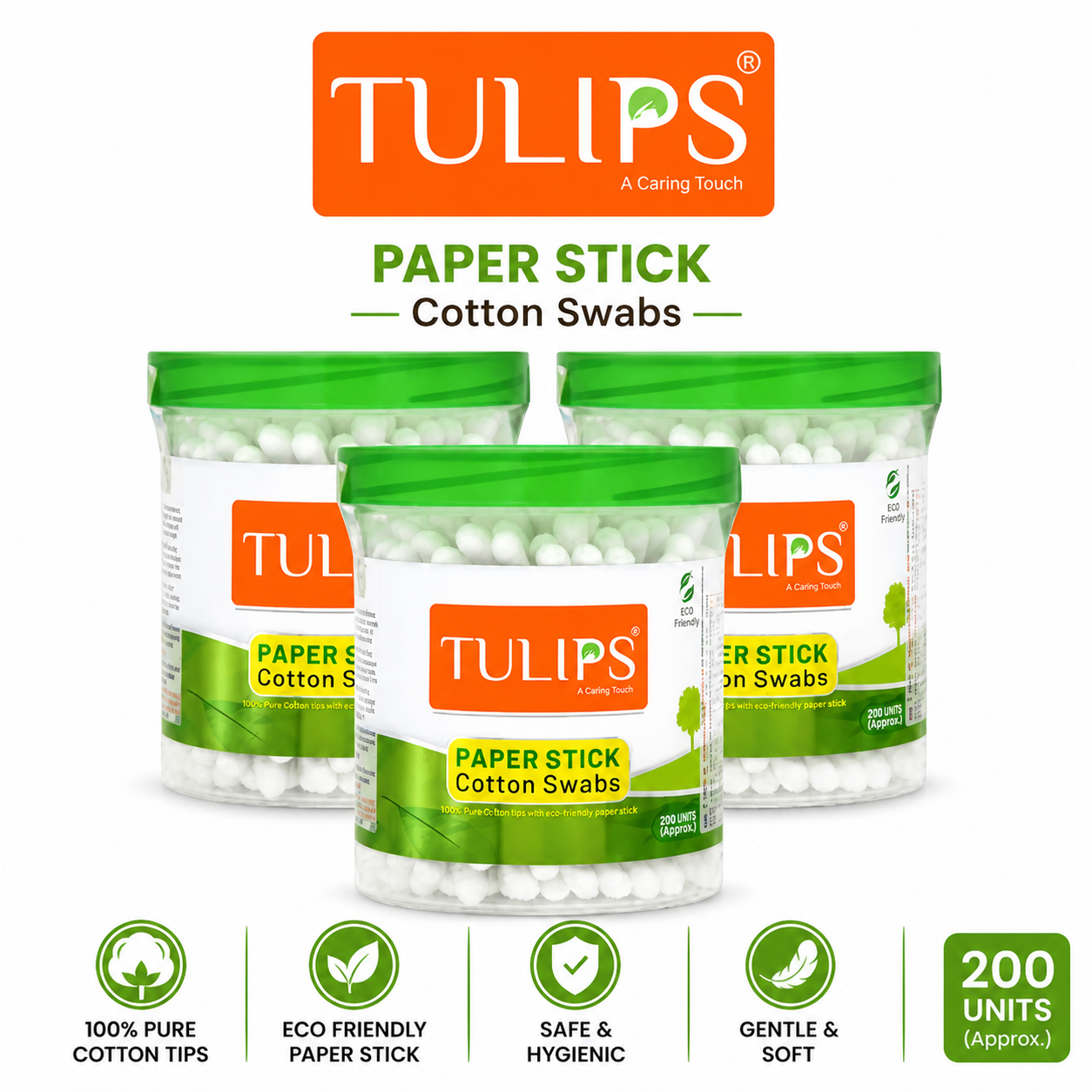 Tulips Paper Stick Cotton Buds 100N | 100% Pure Cotton Ear Buds | Soft, Safe & Hygienic Multipurpose Cotton Swabs for Baby Care & Makeup