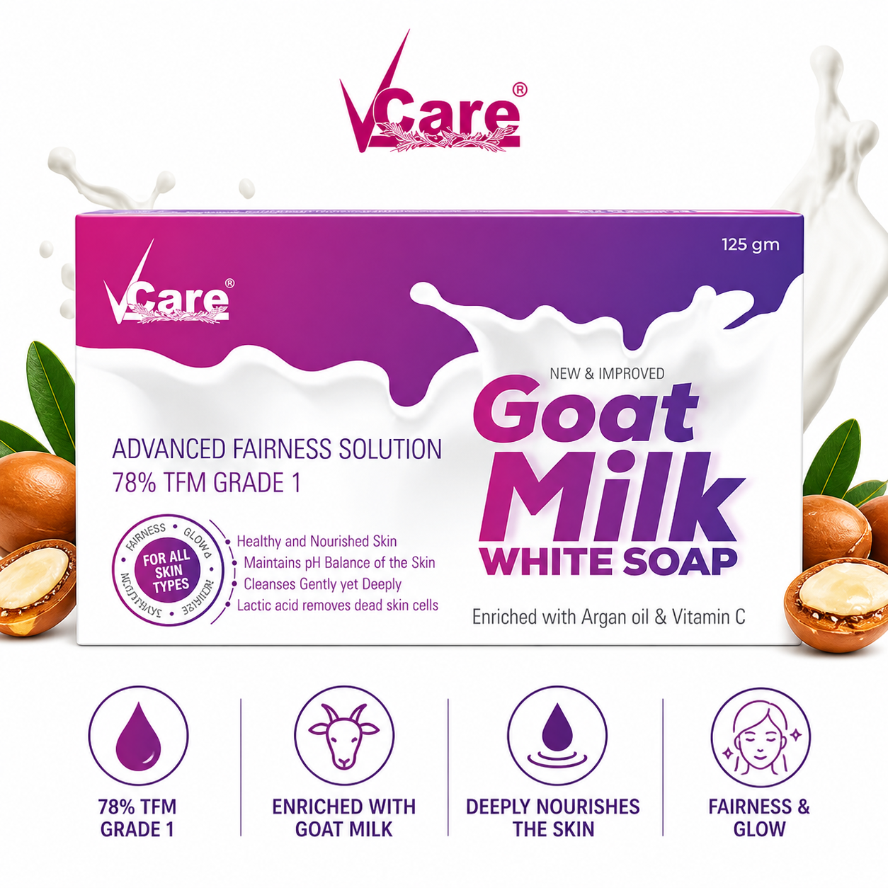 Vcare Goat Milk White Soap 75g | Brightening & Nourishing Bath Soap with Argan Oil & Vitamin C | Gentle Deep Cleansing for Soft, Radiant Skin