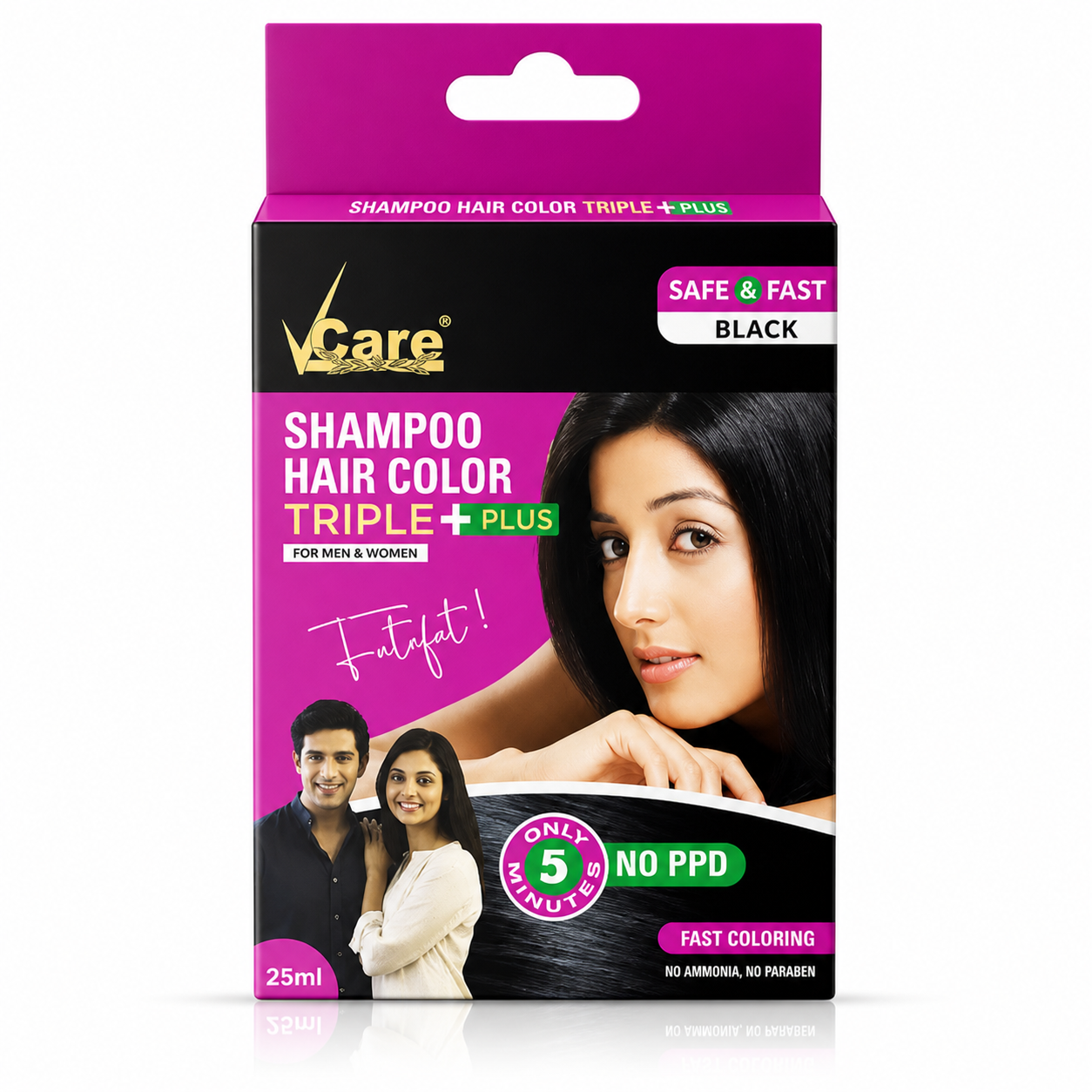 Vcare Triple Plus Black Shampoo Hair Color 15ml | Instant Grey Coverage in 5 Minutes | Ammonia-Free, Safe & Easy Hair Coloring for Men & Women