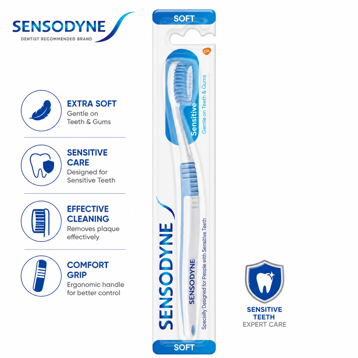 Sensodyne Sensitive Soft Toothbrush 1N | Ultra Soft Bristles for Gentle Cleaning | Ideal for Sensitive Teeth & Gums Daily Care