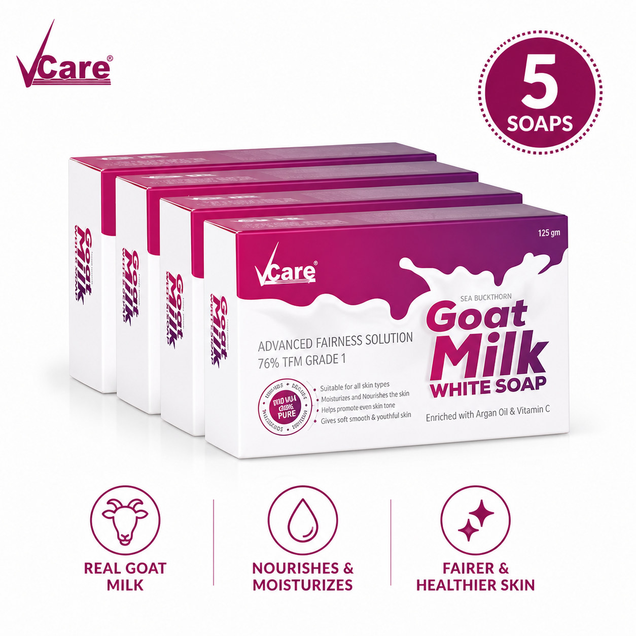 Vcare Goat Milk White Soap 125g | Skin Brightening & Deep Nourishing Bath Soap | pH Balanced Moisturizing Bar for Soft, Glowing & Healthy Skin | Suitable for All Skin Types