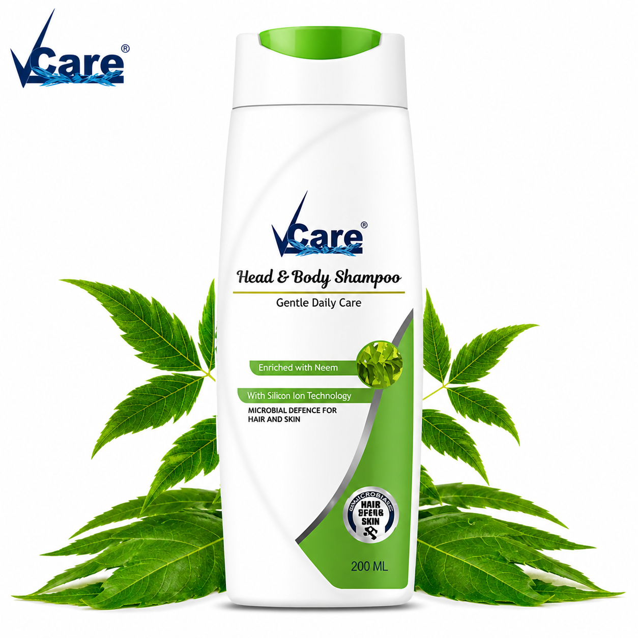 Vcare Head & Body Shampoo 200ml | Neem Enriched Gentle Daily Cleanser for Hair & Skin | Anti-Germ Protection & Fresh Healthy Care