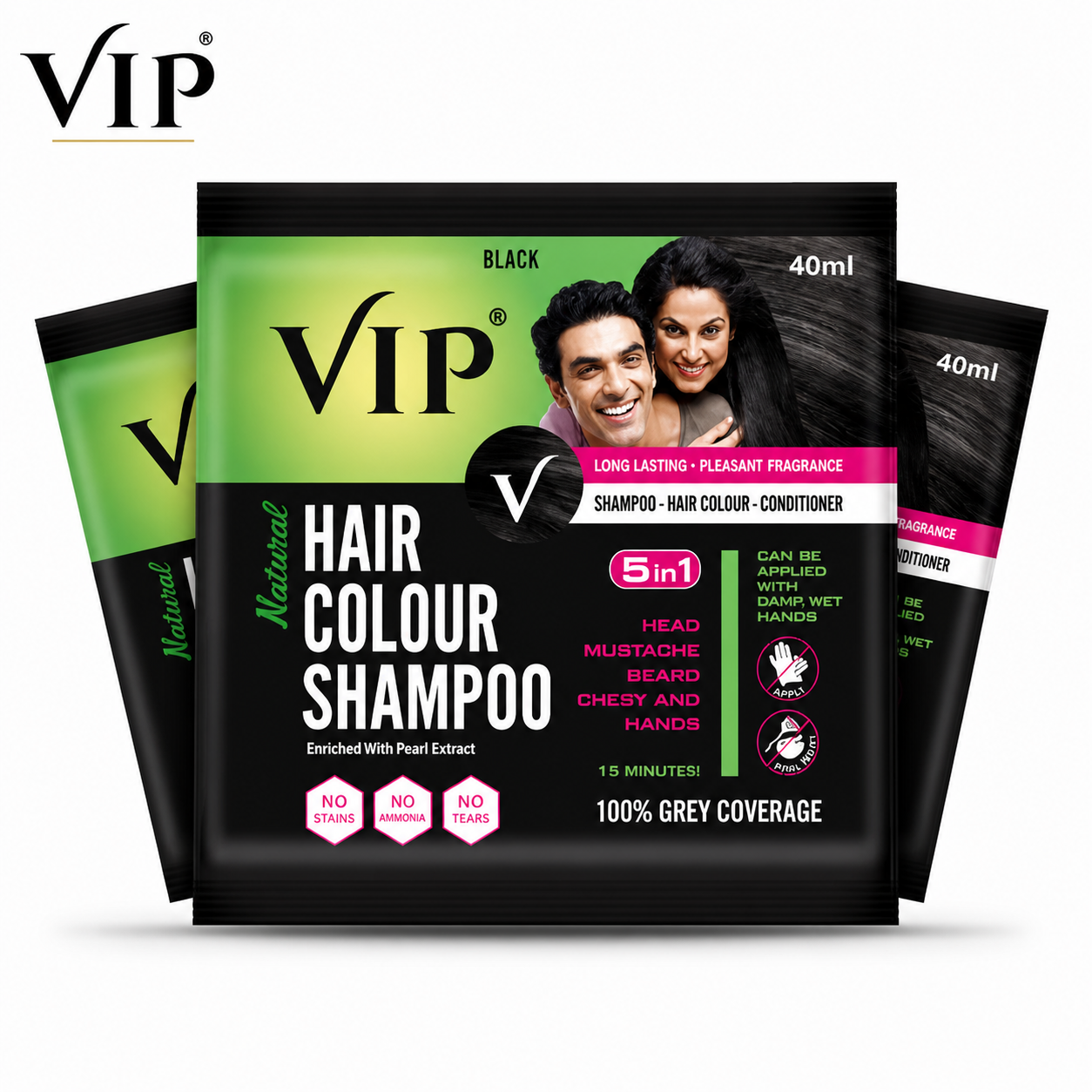 VIP Hair Colour Shampoo Black 40ml | 5-in-1 Instant Hair Dye Shampoo for Men | 100% Grey Coverage & Long-Lasting Natural Black Color