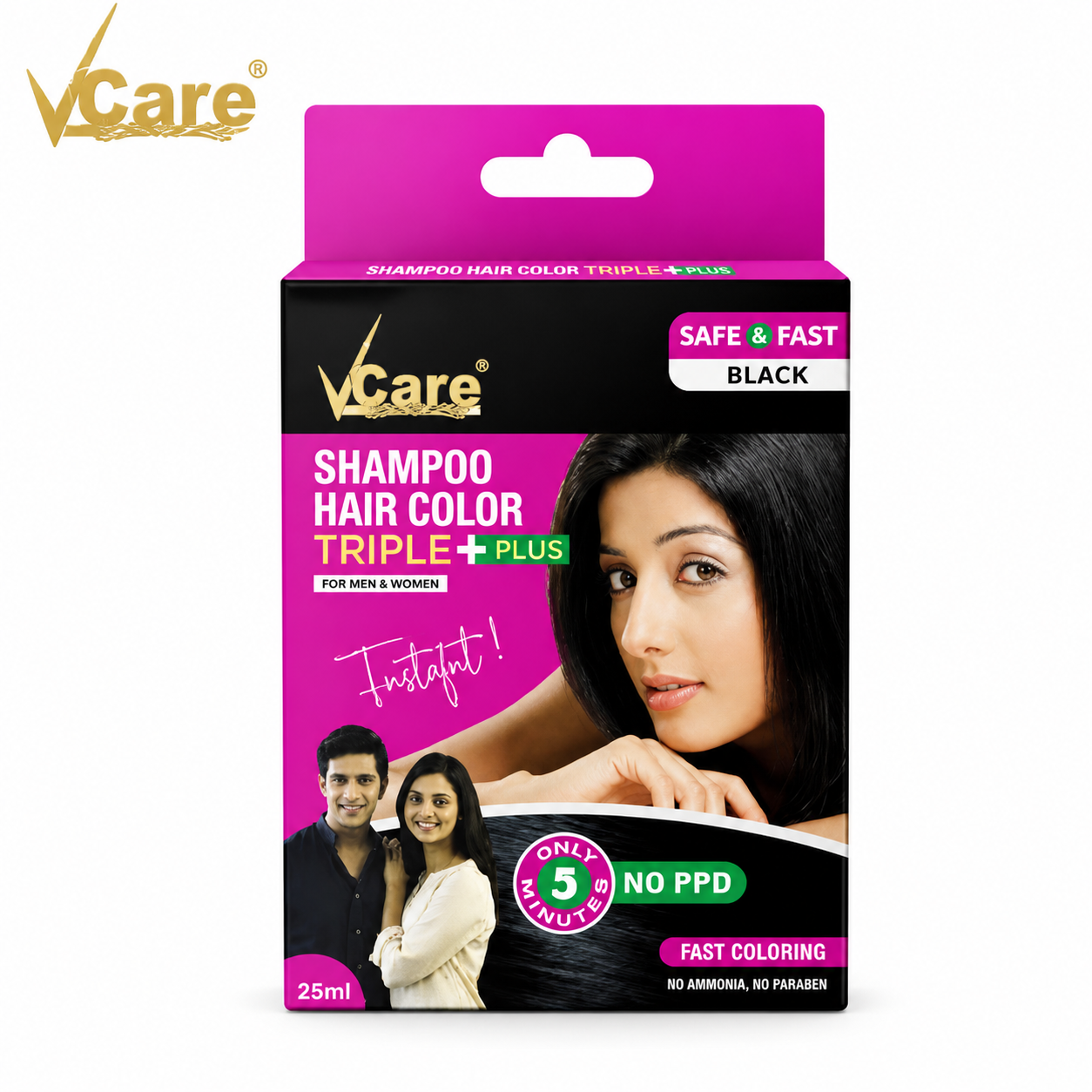 Vcare Triple Plus Black Shampoo Hair Color 25ml | Instant 5-Min Hair Coloring | 100% Grey Coverage | No Ammonia No PPD | For Men & Women