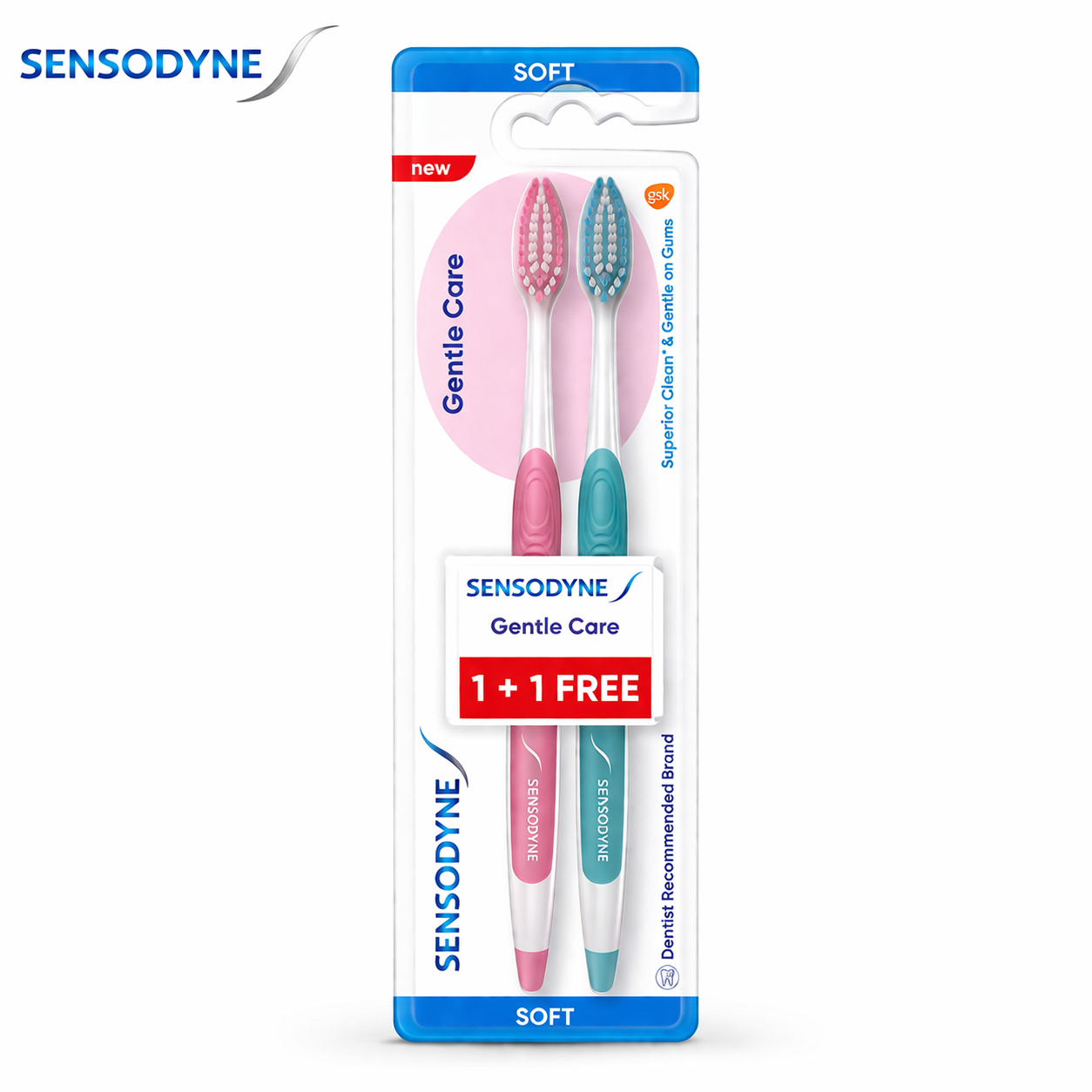 Sensodyne Gentle Care Toothbrush 2N | Soft Bristles for Sensitive Teeth & Gums | Deep Cleaning Small Head Brush | 1+1 Value Pack