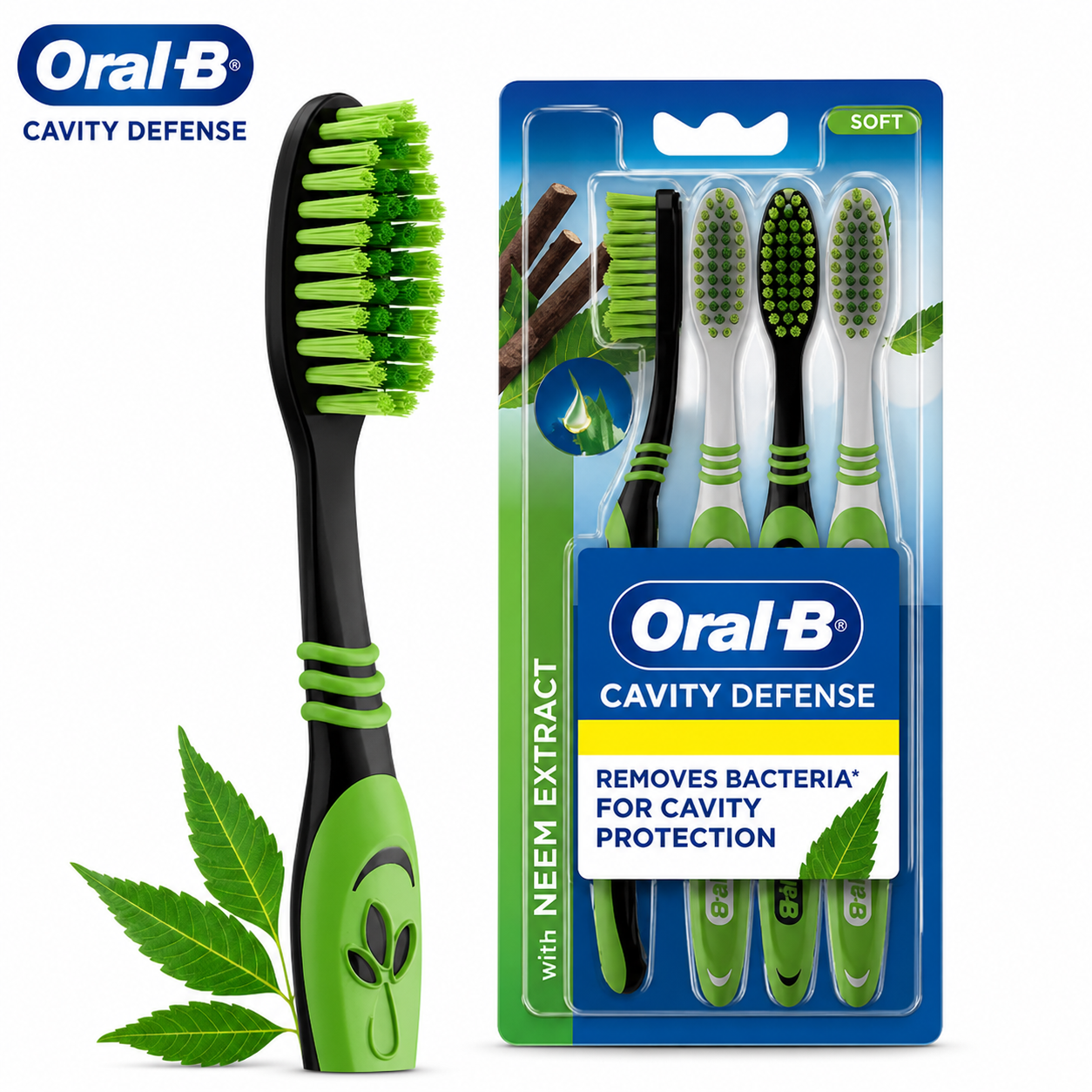 Oral-B Cavity Defense Neem Toothbrush Pack of 4 | Soft Bristles Deep Clean & Gum Care | Anti-Bacterial Oral Care for Daily Use