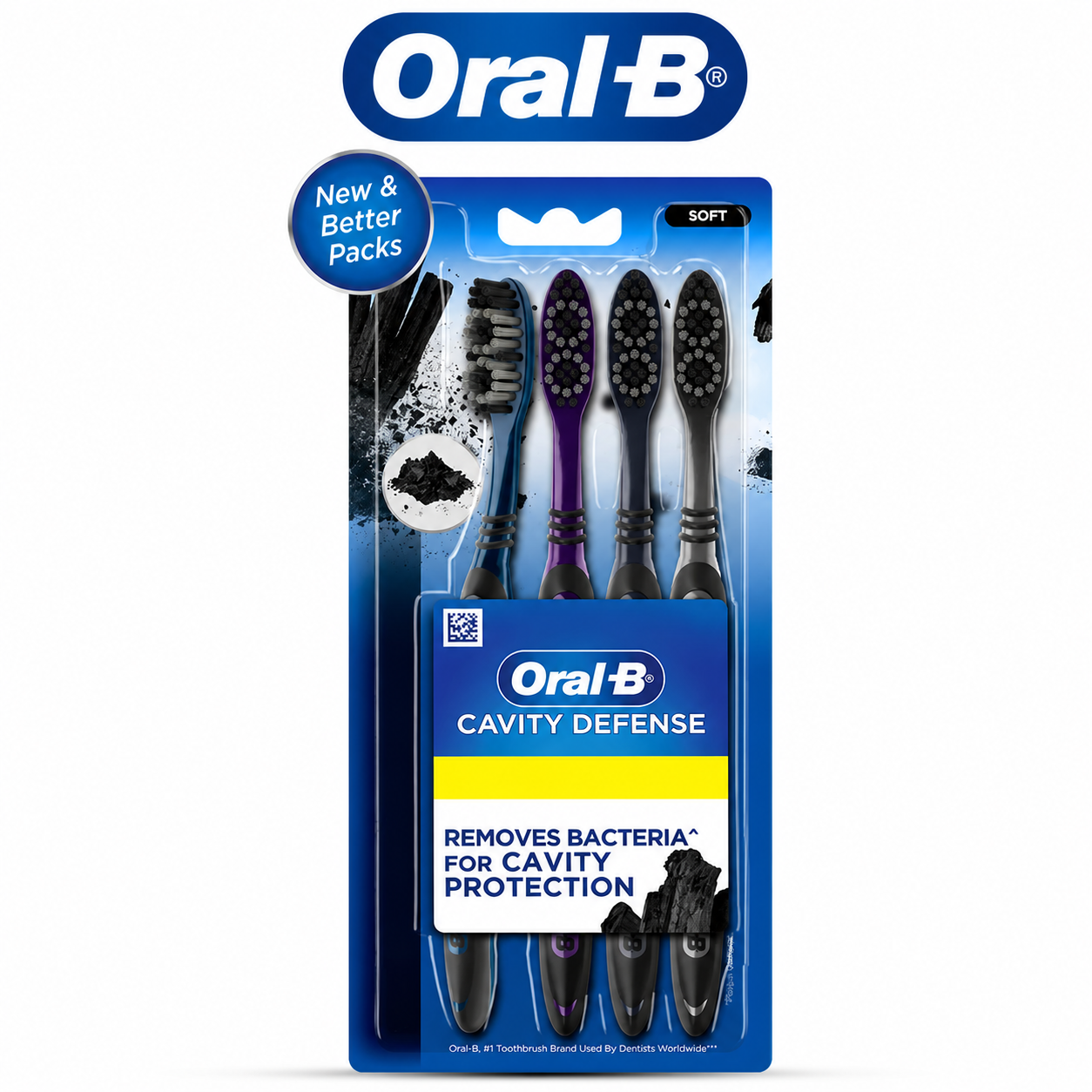 Oral-B Cavity Defense Bacteria Fighter Soft Toothbrushes 4 Pack | Charcoal Bristles for Deep Clean & Everyday Cavity Protection