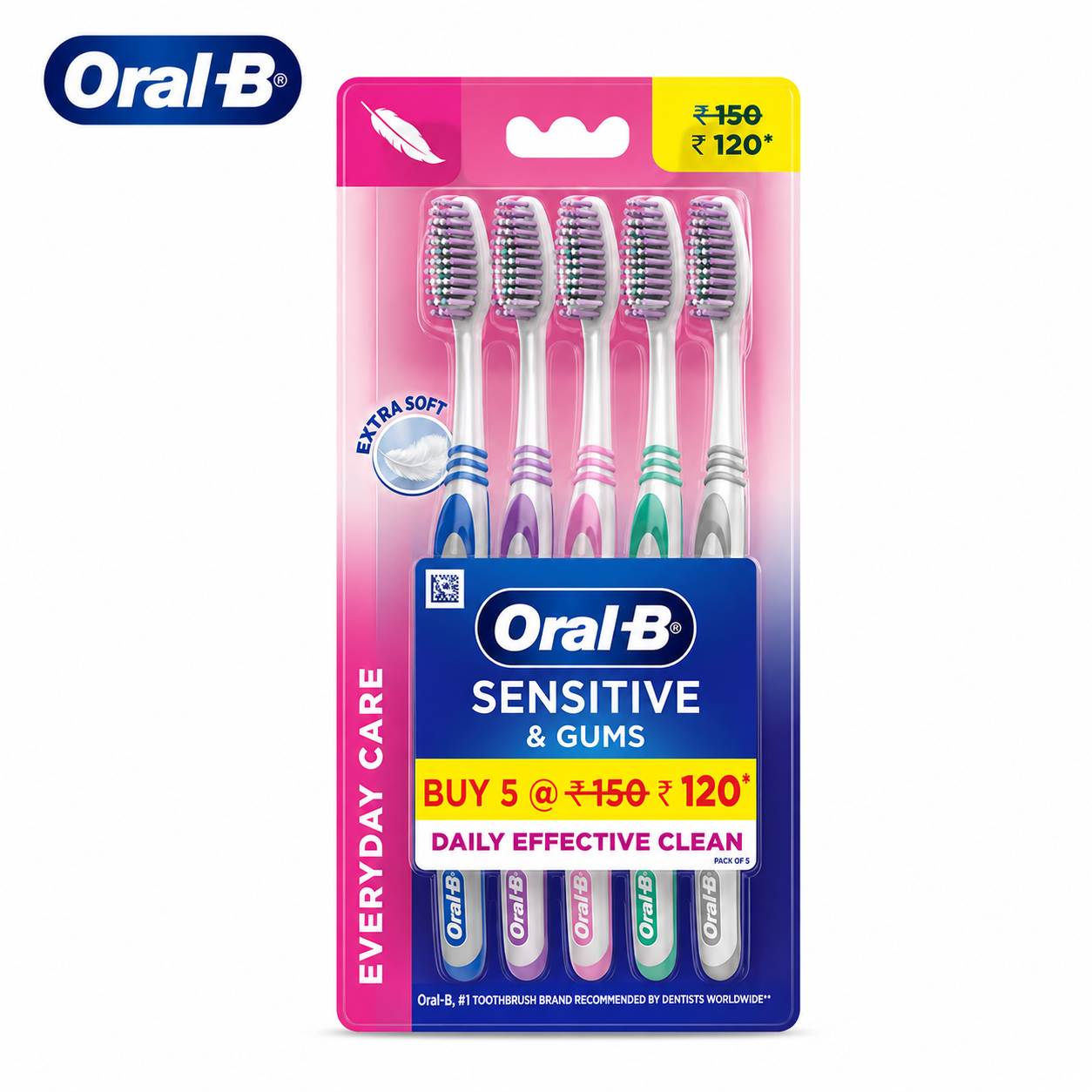 Oral-B Sensitive & Gums Everyday Care Extra Soft Toothbrushes 5 Pack | Gentle Cleaning & Gum Protection for Sensitive Teeth