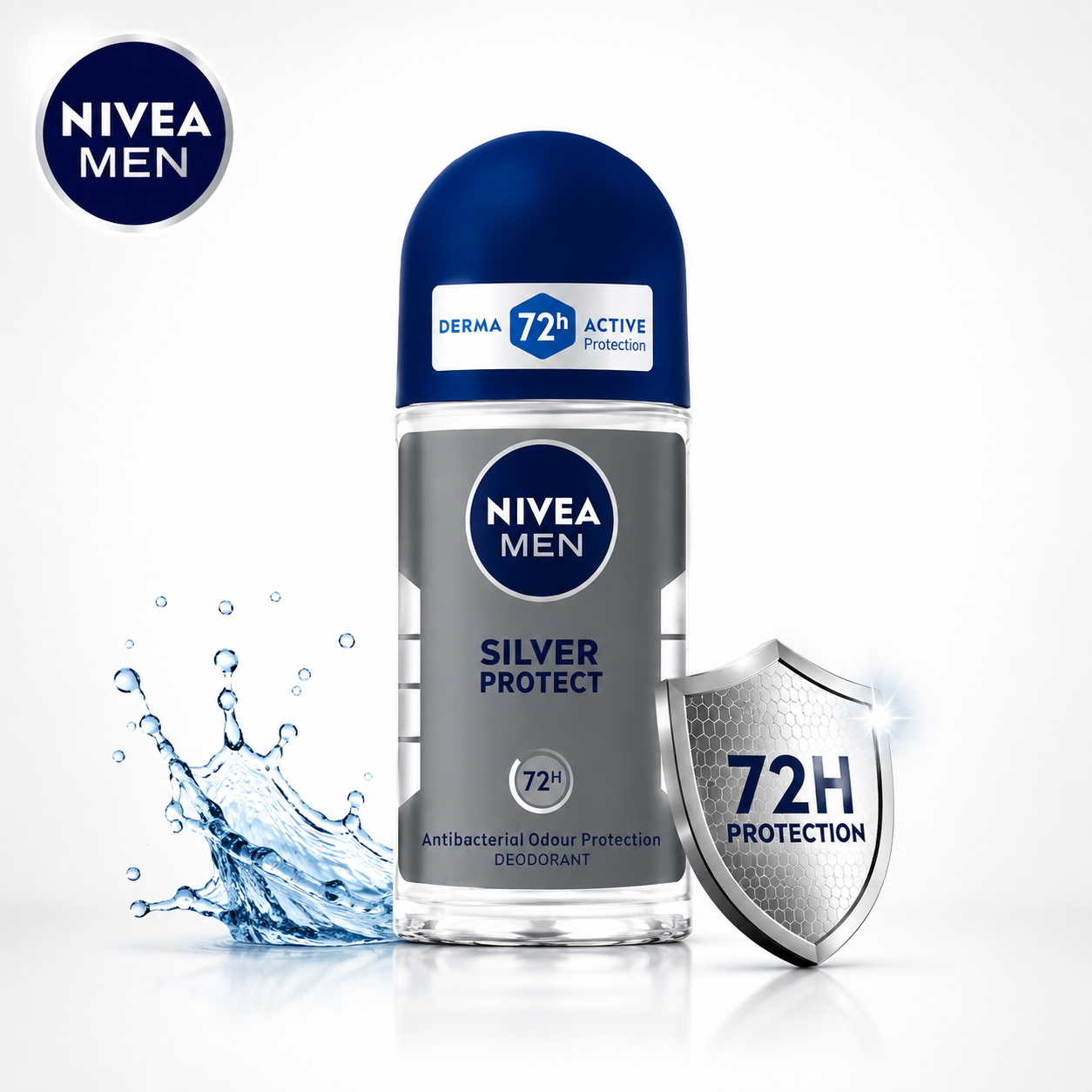 Nivea Men Silver Protect Roll-On 50ml | 72H Antibacterial Deodorant Protection for Men | Long Lasting Freshness & No White Marks
