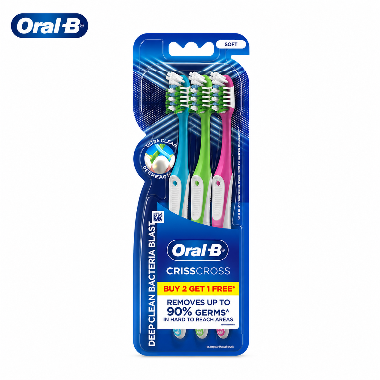 Oral-B Crisscross Deep Clean Bacteria Blast Soft Toothbrushes 3N | Soft Bristles for Deep Cleaning & Healthy Gums | Family Value Pack
