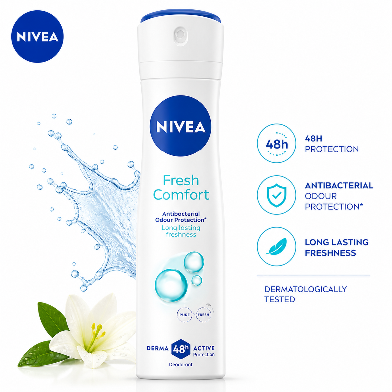 Nivea Fresh Comfort 48H Deodorant Spray 150ml | Long-Lasting Freshness, Anti-Bacterial Protection & Skin-Friendly Daily Body Spray