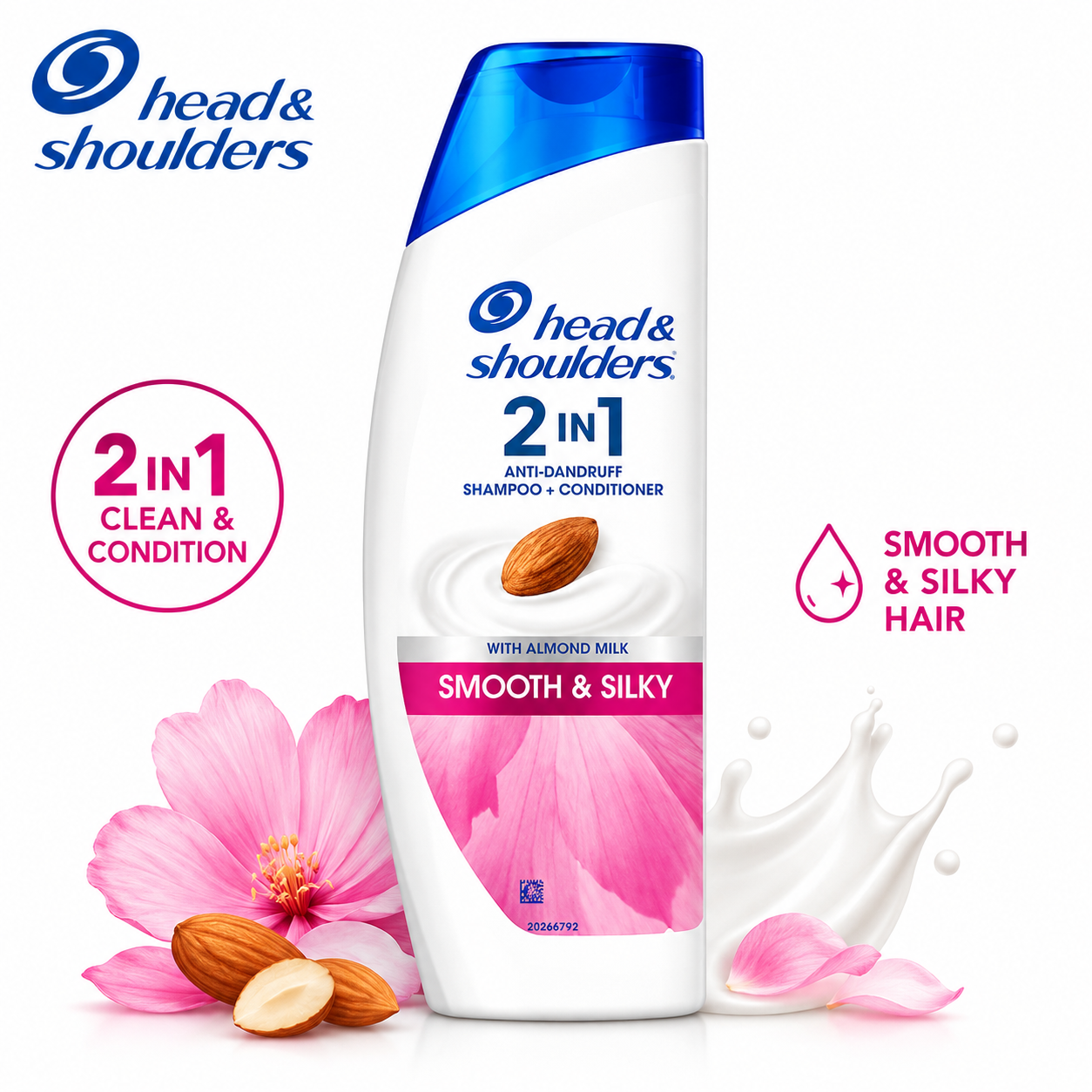 Head & Shoulders 2In1 Smooth & Silky Shampoo 180Ml | Anti-Dandruff Shampoo + Conditioner with Almond Milk for Soft Hair