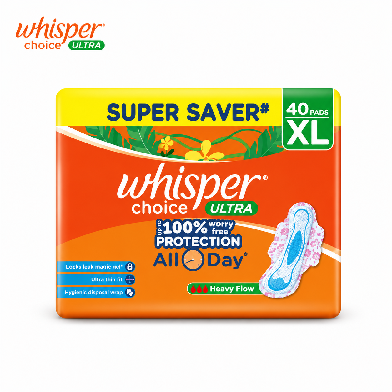 Whisper Choice Ultra XL Sanitary Pads 40 Pads | All-Day Heavy Flow Protection & Ultra Thin Comfort for Women