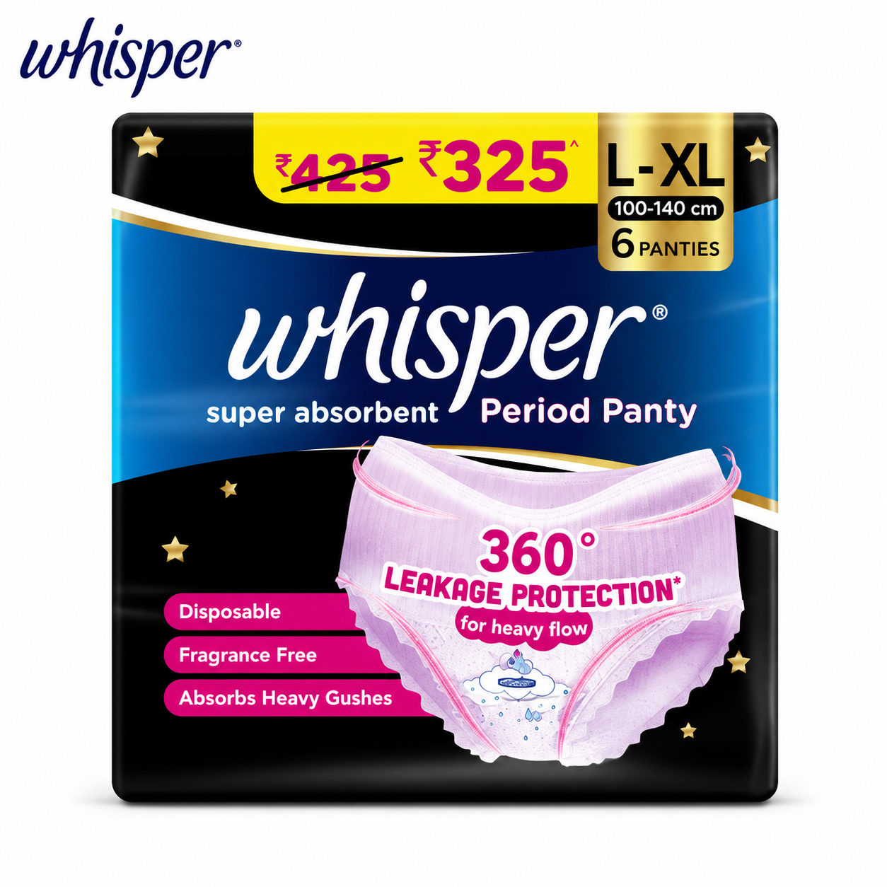 Whisper Super Absorbent Period Panty L-XL 6 Pack | 360° Leak Protection Disposable Menstrual Panties for Heavy Flow & Overnight Comfort