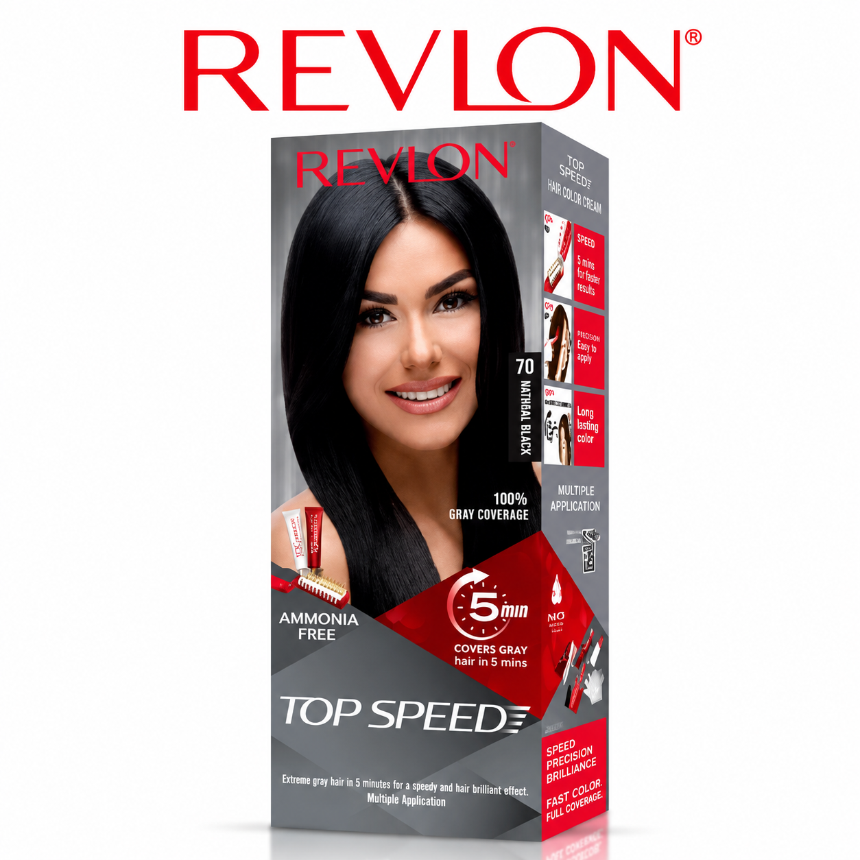 Revlon Top Speed Hair Color 70 Natural Black for Women | 5-Minute Ammonia-Free Gray Coverage & Long-Lasting Shine