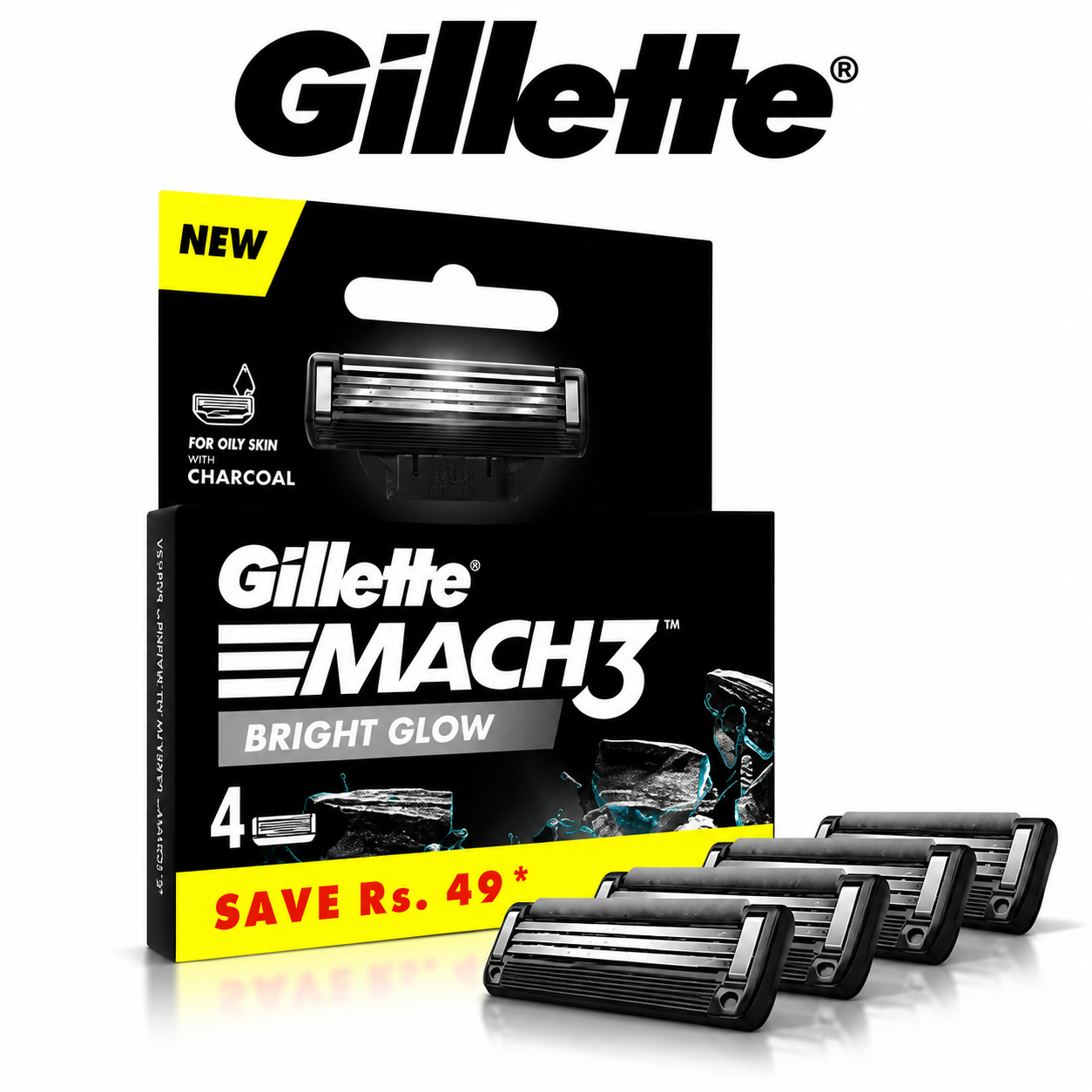 Gillette Mach3 Bright Glow Razor Cartridges 4N | Charcoal-Infused 3-Blade Refill for Smooth Close Shave & Brighter Skin
