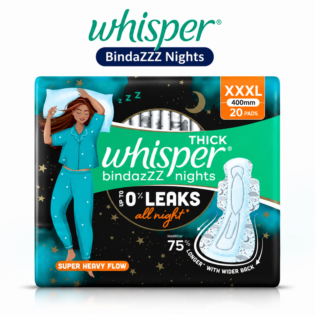 Whisper Thick Bindazzz Nights XXXL Sanitary Pads 20 Pads | Overnight Leak Protection & Super Heavy Flow Comfort