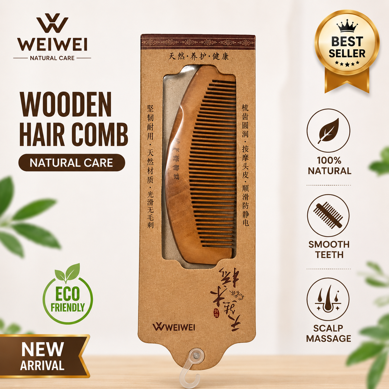 Premium Natural Wooden Hair Comb | Anti-Static Wide Tooth Sandalwood Comb for Hair Detangling, Scalp Massage & Beard Care | Suitable for Men & Women