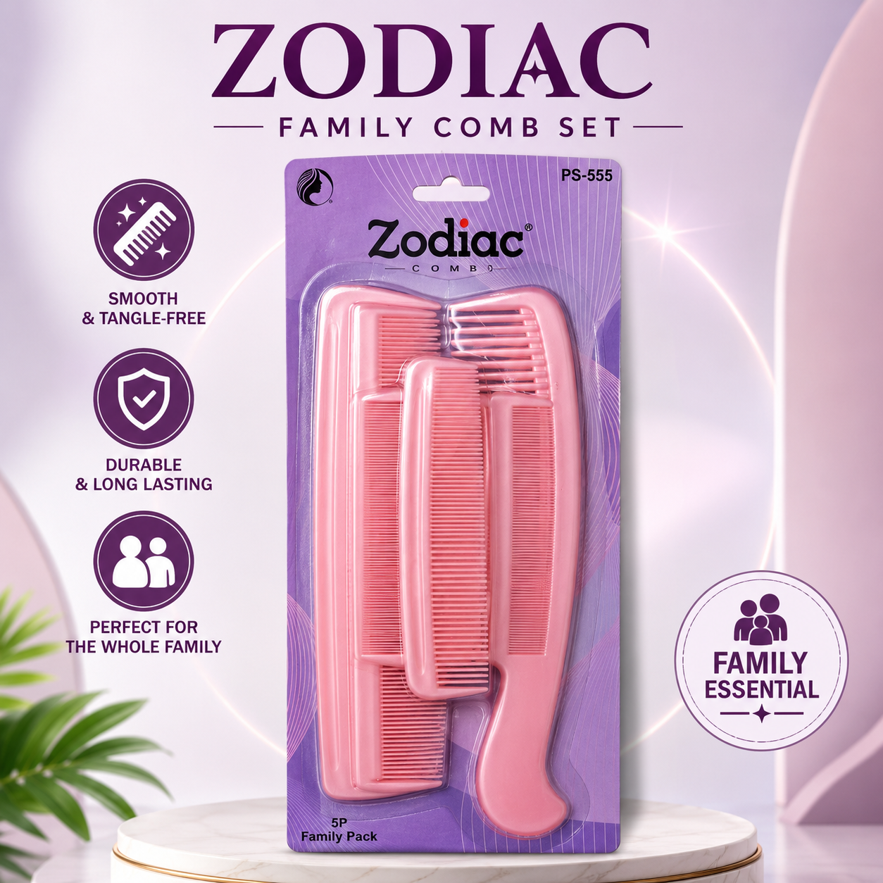 Zodiac 5-Piece Family Hair Comb Set | Premium Detangling & Styling Combs for Men, Women & Kids | Durable Anti-Static Hair Care Comb Kit