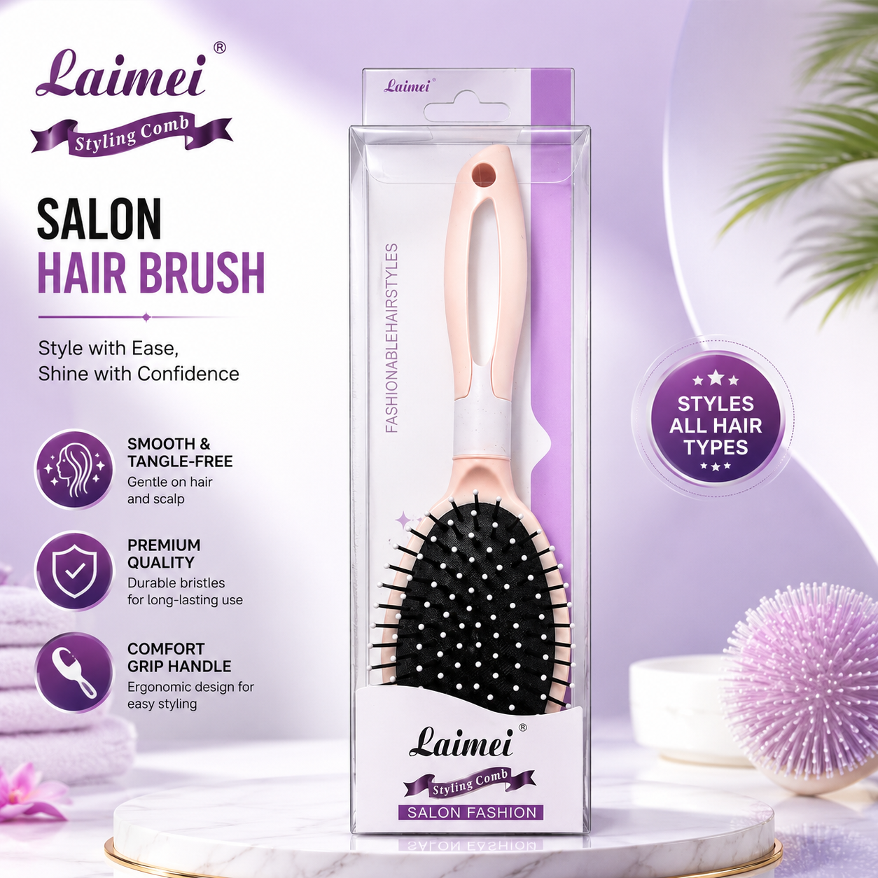Laimei Salon Hair Brush | Premium Paddle Hair Brush for Detangling, Scalp Massage & Smooth Styling | Anti-Static Hair Brush for Women, Men & All Hair Types