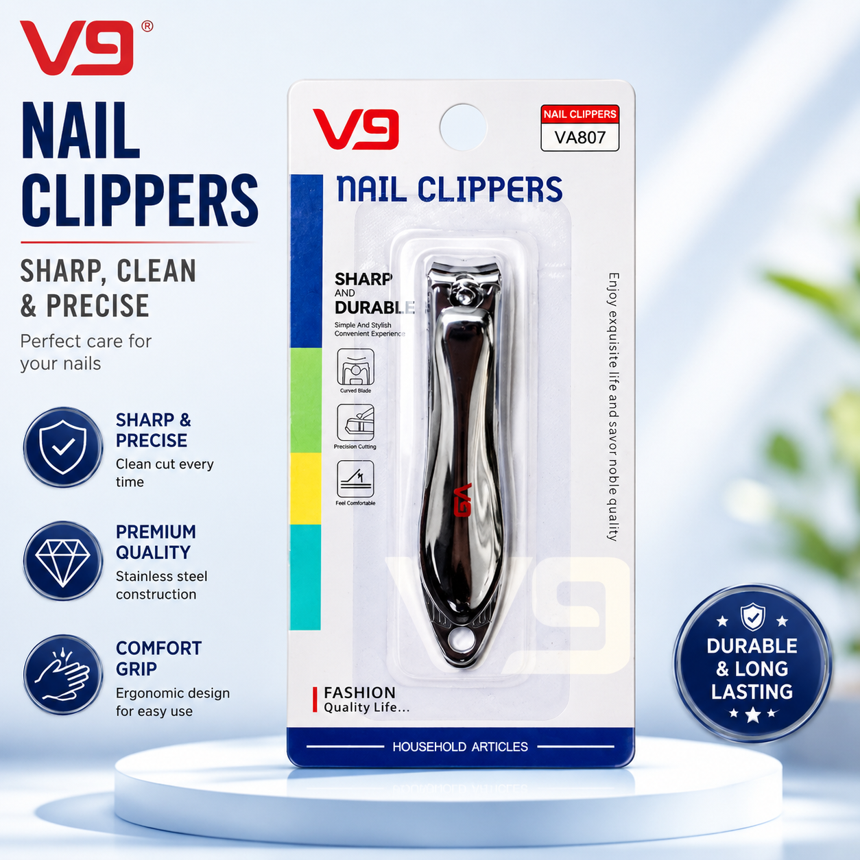 V9 Premium Stainless Steel Nail Clipper | Professional Sharp Fingernail & Toenail Cutter with Ergonomic Grip | Heavy Duty Nail Trimmer for Men, Women & Seniors