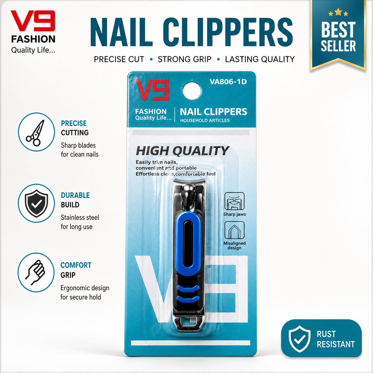 V9 Premium Stainless Steel Nail Clipper | Professional Sharp Fingernail & Toenail Cutter with Ergonomic Non-Slip Grip | Heavy-Duty Precision Nail Trimmer for Men, Women & Seniors